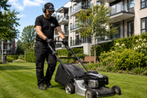 Ansatt klipper gress på felles uteområde ved moderne boligbygg.