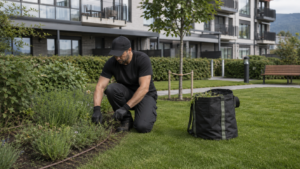 Ansatt utfører hagearbeid og vedlikehold av grøntområde ved boligbygg.