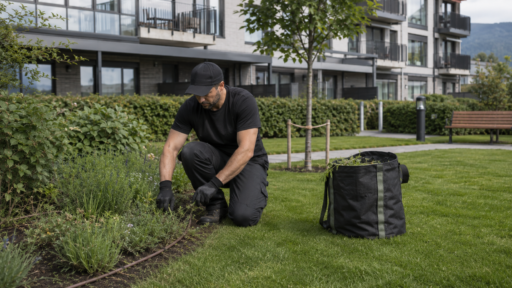 Ansatt utfører hagearbeid og vedlikehold av grøntområde ved boligbygg.