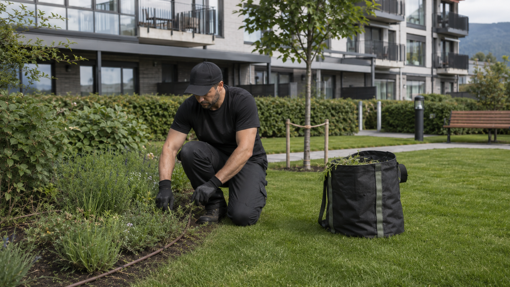 Ansatt utfører hagearbeid og vedlikehold av grøntområde ved boligbygg.